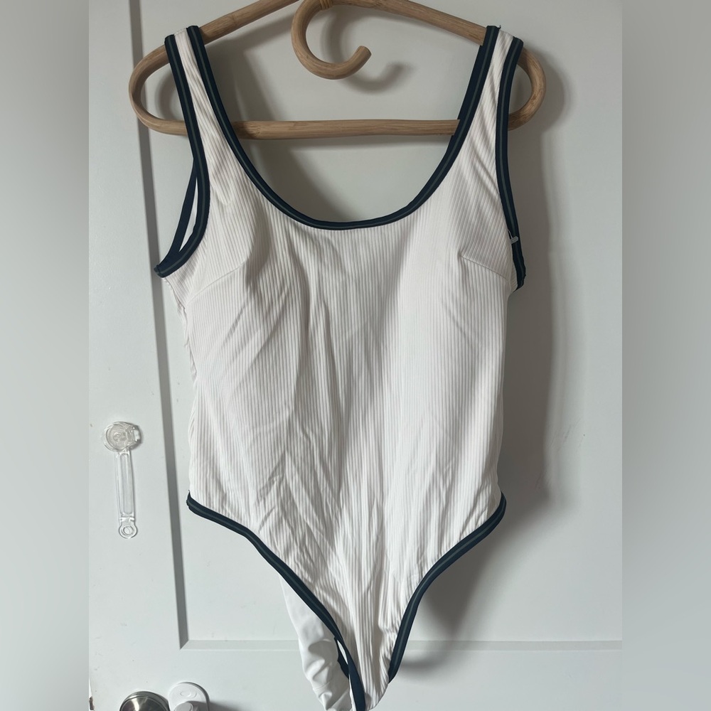 EUC H&M White and Navy & Green Trim Swimsuit